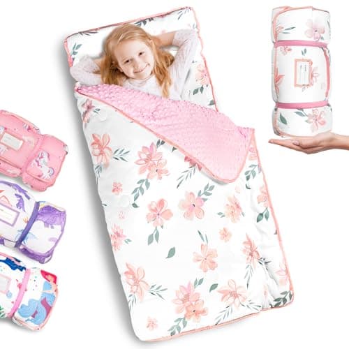 Primlect Thickened Toddler Nap Mat with Removable Pillow and Minky Blanket Extra Large 55x35 Sleeping Bag Washable Roll up Perfect for Daycare Preschool Kindergarten Boys and Girls Flowers