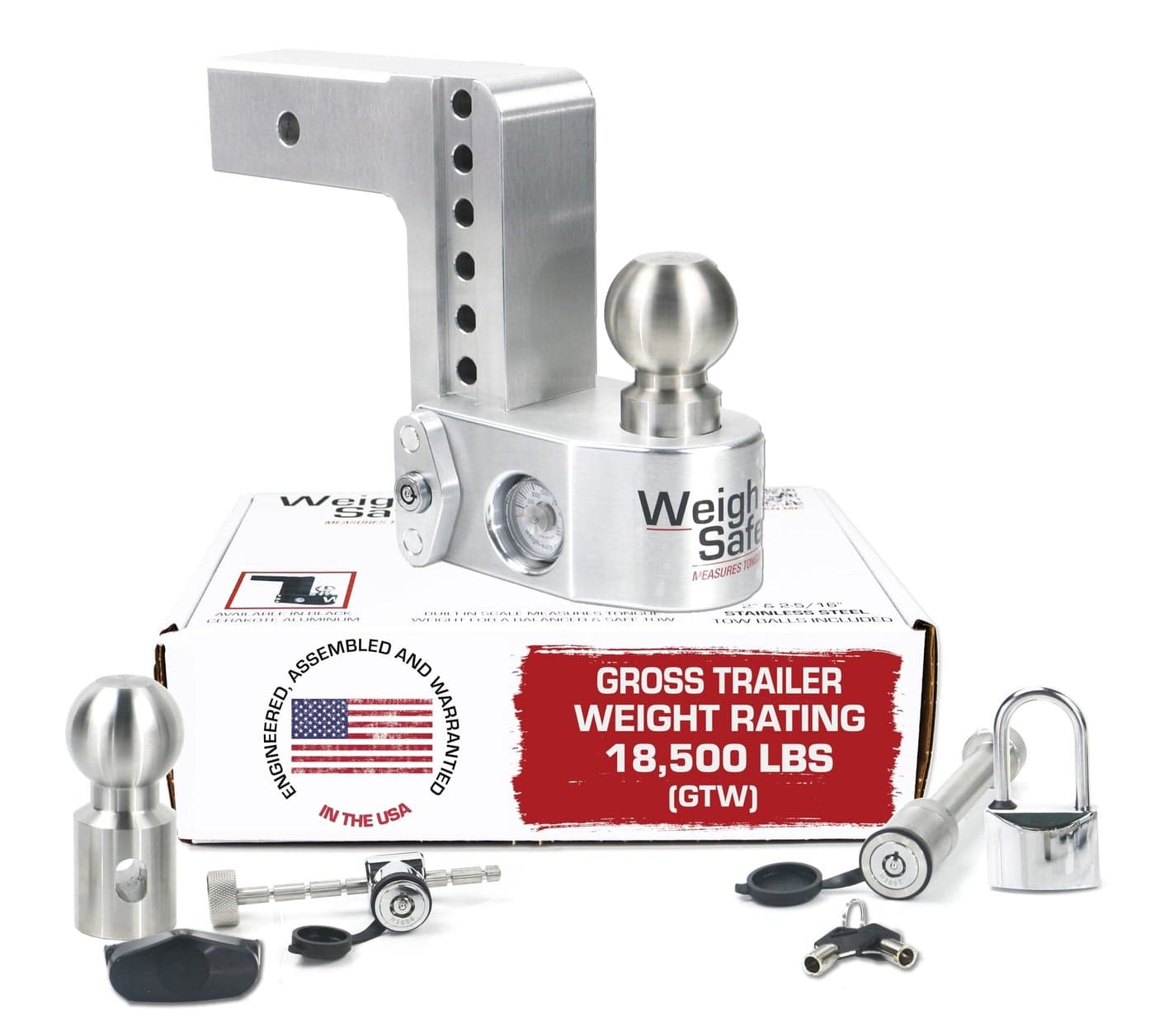 Weigh Safe Adjustable Trailer Hitch Ball Mount - 6" Drop Hitch for 2.5" Receiver w/ 2 pc Keyed Alike Lock Set, Premium Aluminum Trailer Tow Hitch w/ Built in Weight Scale for Anti Sway, 18,500 lbs GTW