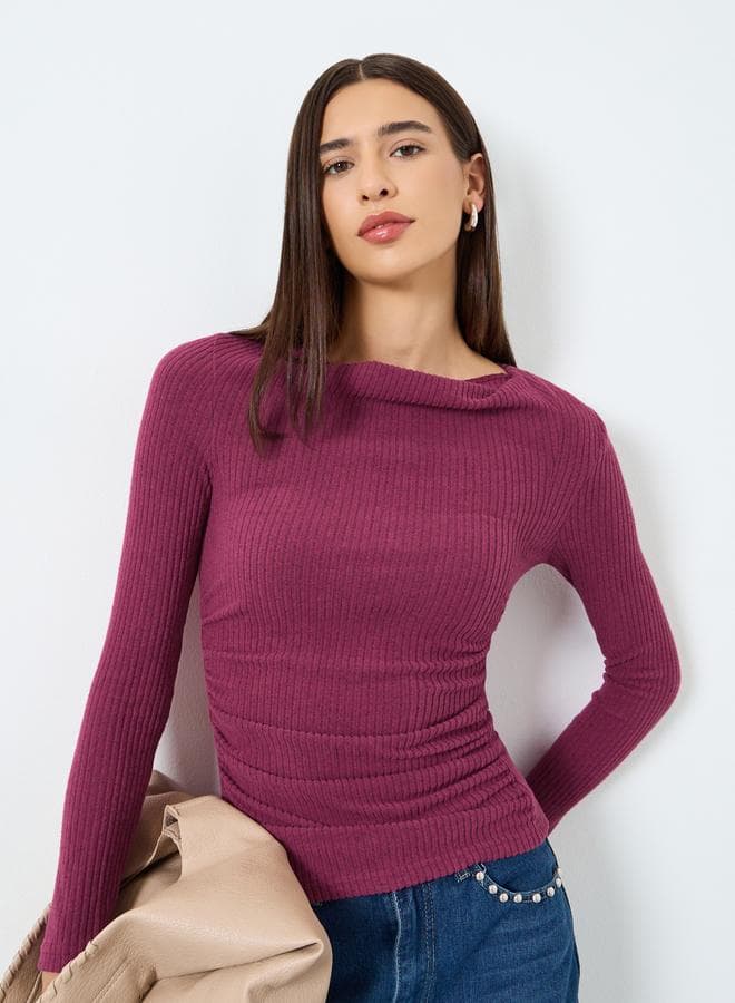 Burgundy Draped Neck Ribbed Top