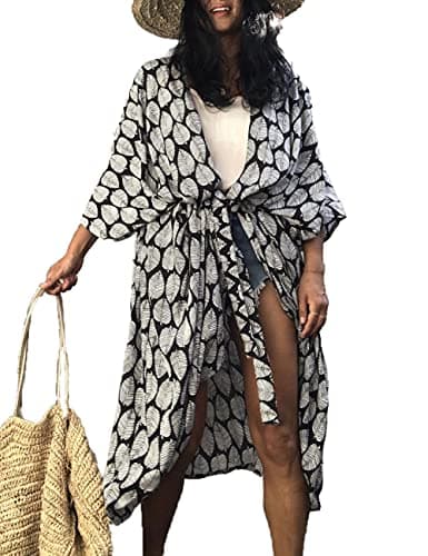Bsubseach Black Leaf Loose Bathing Suit Cover Up Sexy Kimono 3/4 Sleeve Summer Cardigans for Women