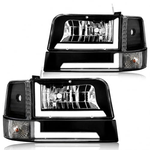 DimFlux LED DRL Headlight Assembly for 1992 1993 1994 1995 1996 Ford F150 F250 F35019921996 Bronco Driver Left Passenger Right Side Replacement Black Housing Clear Reflector