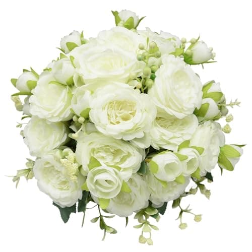DH EYB 2 Pack Artificial Flowers Bouquet, 10 Pcs Austin Roses Silk Flowers Heads, Fake Peonies Flower for Home Decor Table Centerpieces Wedding Bridal Bouquet Mother's Day Valentine's Day, White