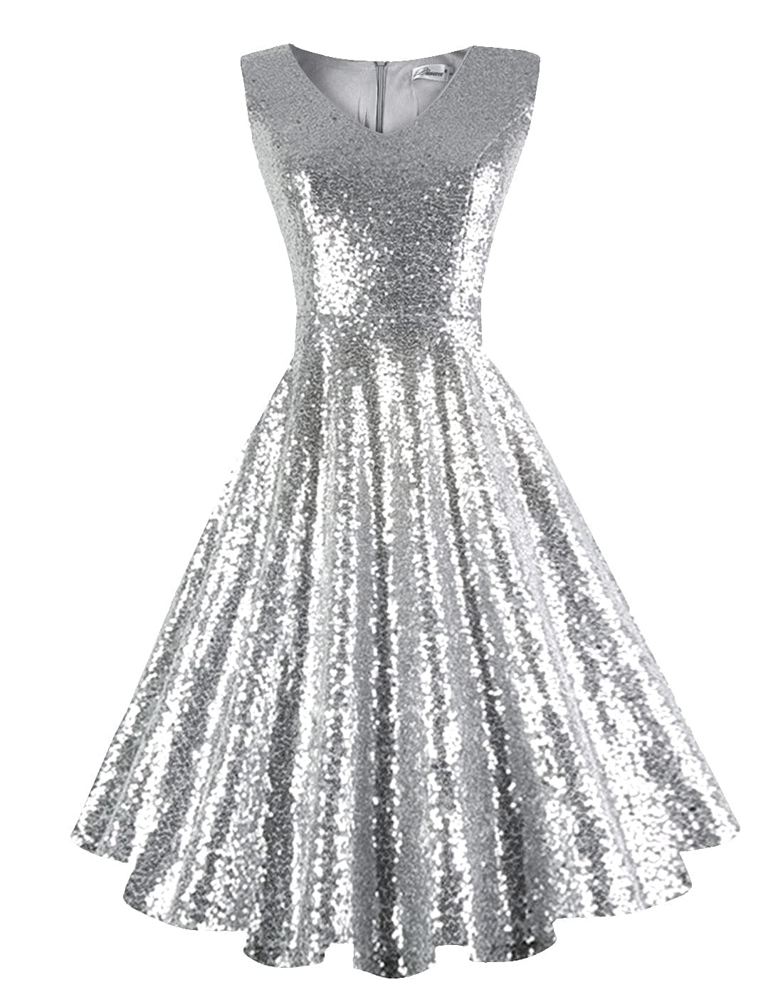 Dressever Women's 50s 60s Vintage Sleeveless Cocktail Party Dress with Pockets Sequins Silver M