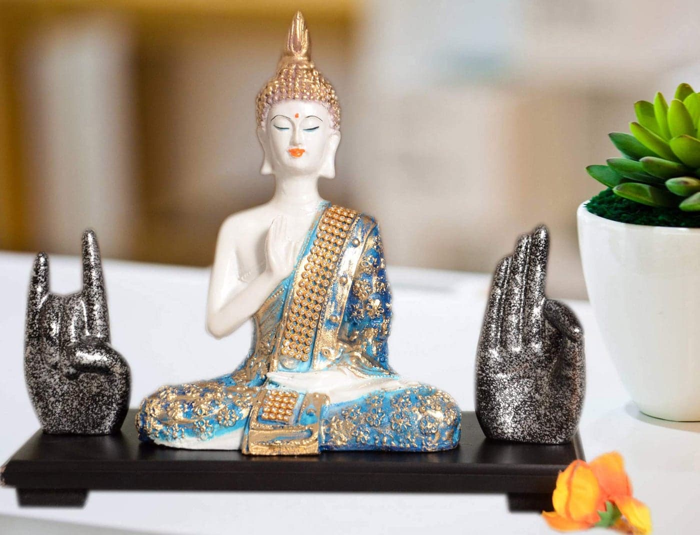 Mariner's Creation® Meditating Buddha Statue with Two Hand MUDRA and Wooden Tray | Buddha Statue for Home Decor | Decorative SHOWPIECE | Buddha Idol | House Warming Gift |