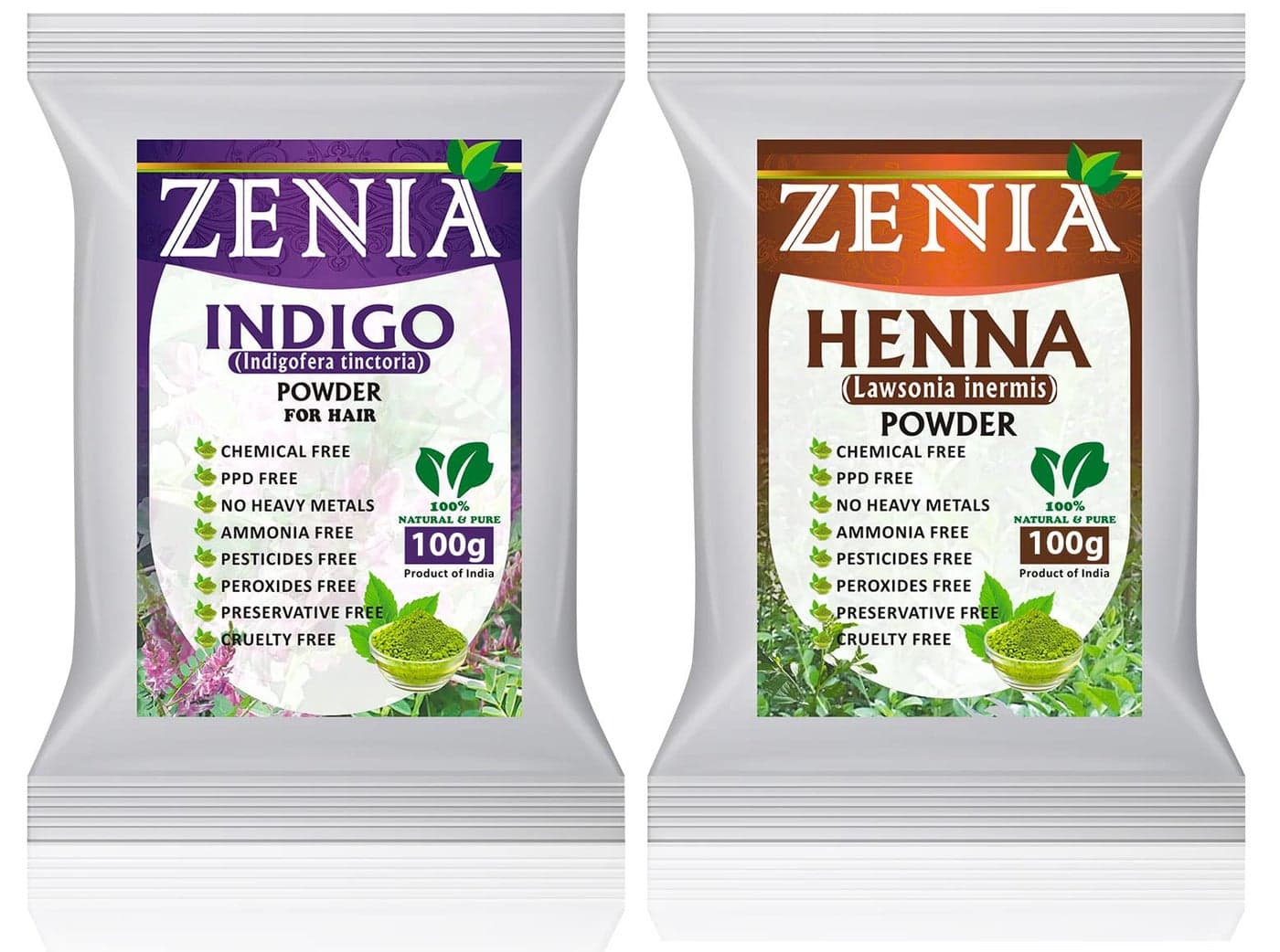 Zenia 100 Pure Indigo Powder and Henna Powder Hair Color Combo Kit for Coloring Hair and Beard Black 100 Grams Each All Natural Chemical Free PPDfree Ammoniafree