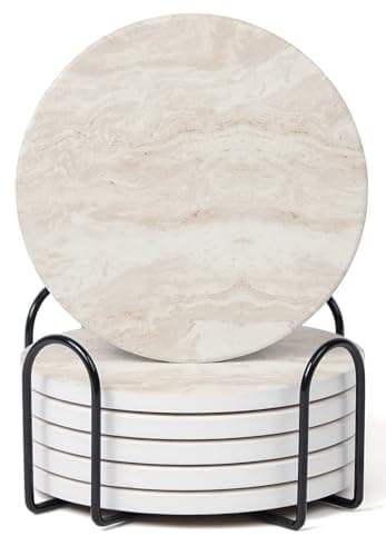 Hoomey Set of 6 Light Beige Abstract Onyx Marble Coasters with Holder, Absorbent Ceramic Coasters for Drinks, Coasters with Cork Backing for Table Protection, Coffee Table Decor