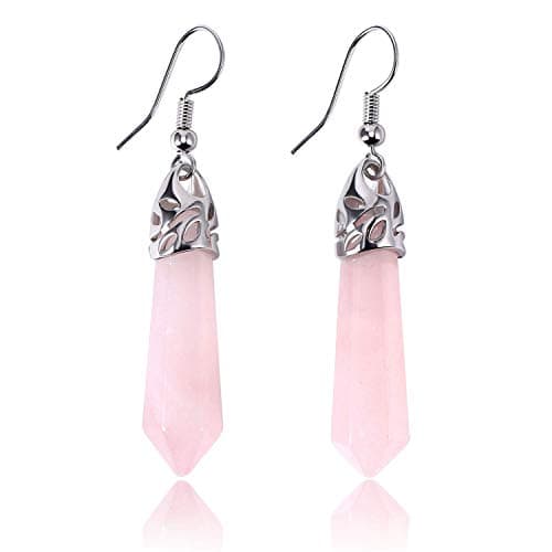 KISSPAT Real Natural Rose Quartz Healing Point Crystal Gemstone Chakra Dangle Earrings