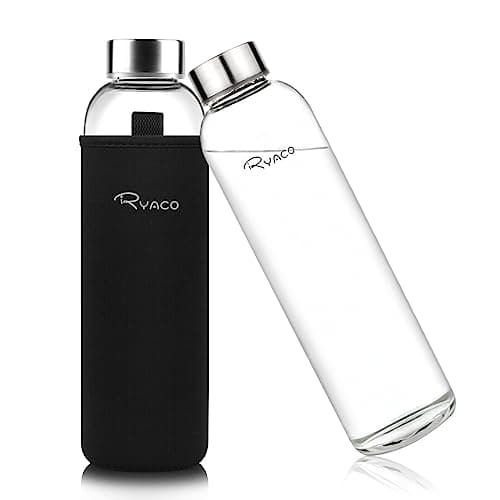 Ryaco Borosilicate Glass Water Bottle 33oz/1L/1000ml BPA-Free Leak Proof Ideal for School Home Office Travel Sport Yoga Gym Hot Cold Drinks with Portable Neoprene Carrying Sleeve and Sponge Brush