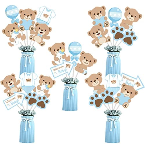 Cheereveal 24 Pieces Bear Baby Shower Centerpiece Sticks Bear Theme Boy Birthday Table Toppers Double Sided Print Photo Booth Props