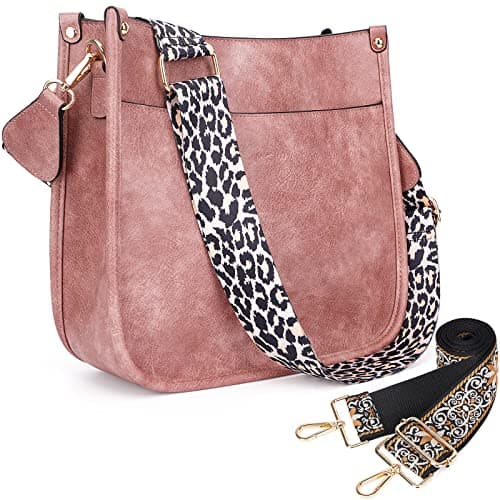 HKCLUF Crossbody Bags for Women Trendy Vegan Leather Hobo Handbags With 2 Adjustable Guitar Strap Crossbody Bucket Shoulder Purse for Women(Pink)