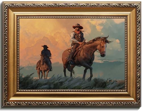 Western Cowboy Gold Framed Wall Art Vintage Horse Rider Oil Painting Prints, Western Posters Southwestern Artwork for Bedroom, Bathroom & Living Room Decor 12"x16" Gold Frame