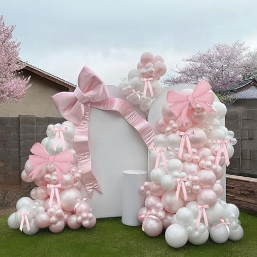 Pastel Pink Pearl White Balloon Garland Arch Kit 130pcs With Bow Tie and Mylar Balloon for Girls 1st Birthday Baby Shower Pink Party Coquette Birthday Decorations