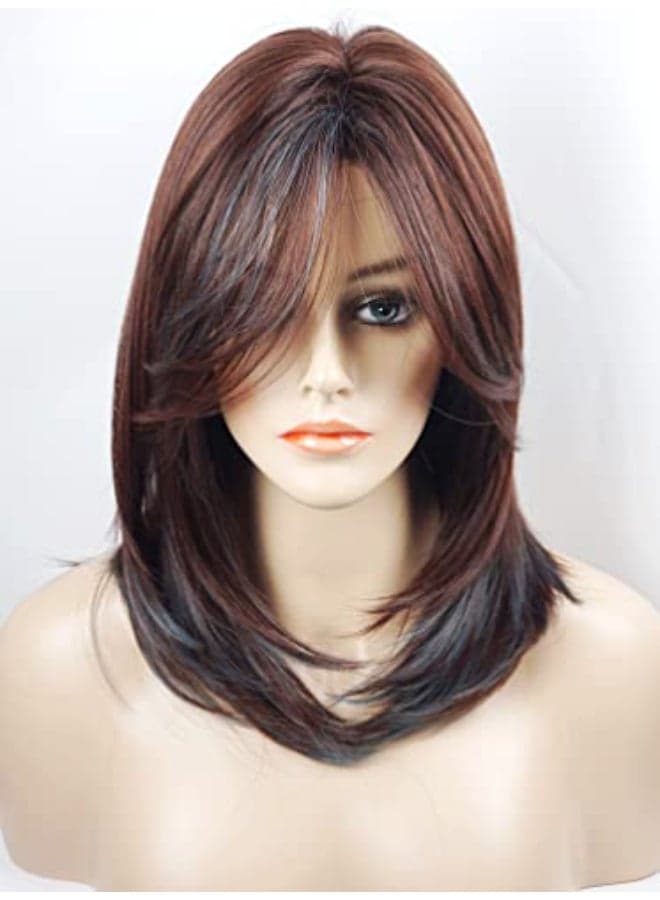 Medium Length Layered Wig Dark Brown with Blue Highlights Synthetic Layered Wig with Bangs for White Women