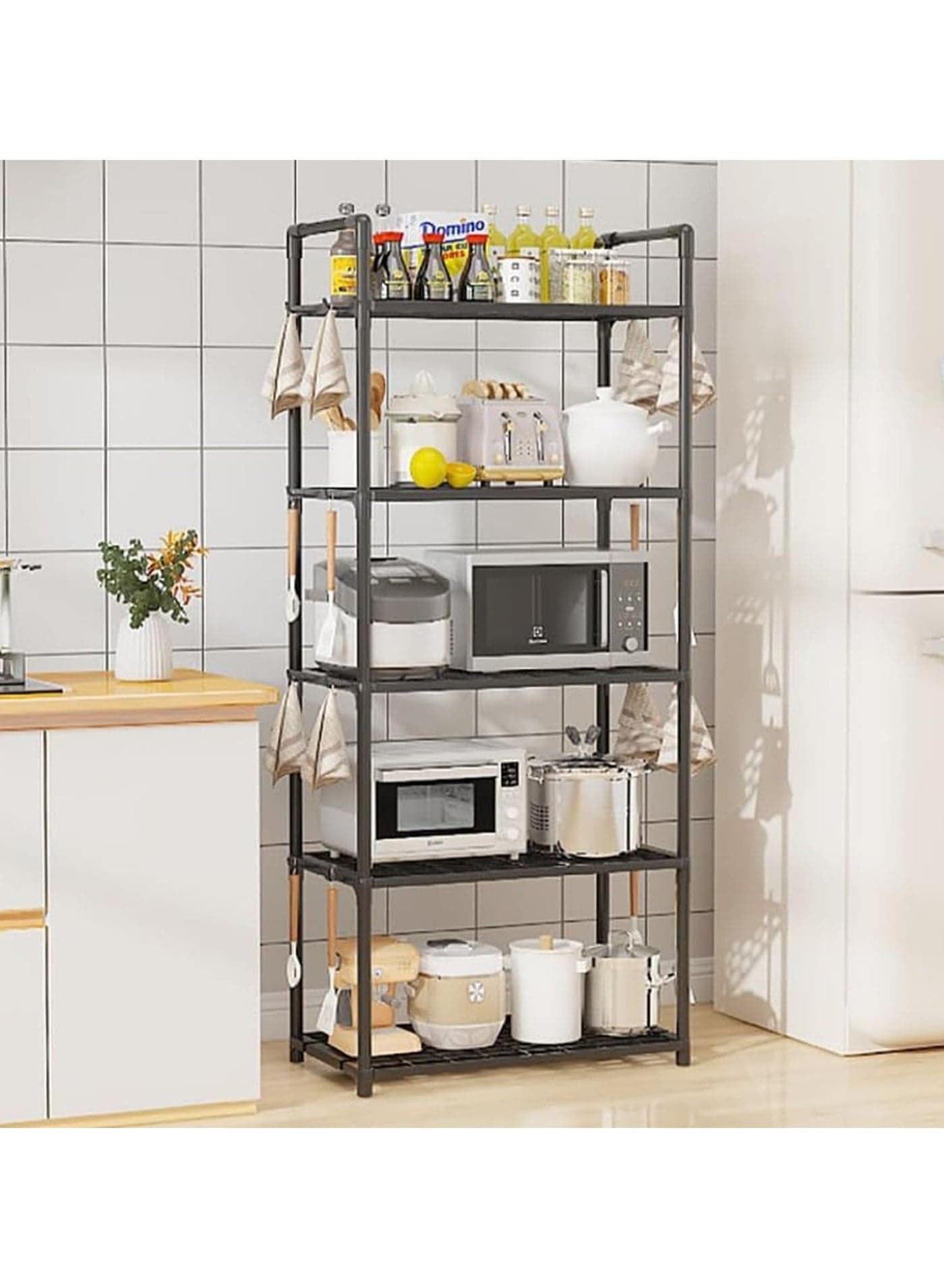 Kitchen Storage Rack Kitchen Shelving Unit Storage Shelves Organizer with Side Hooks Storage Rack Storage Organizer Shelves Multifunctional Storage Rack Stand for Kitchen Closet Bathroom Laundry - Black