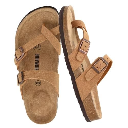 CUSHIONAIRE Luna Crossover Toe Strap Womens Sandals – Cork Footbed Slides with Adjustable Straps, Summer Sandals for Women 2025, TAN 7