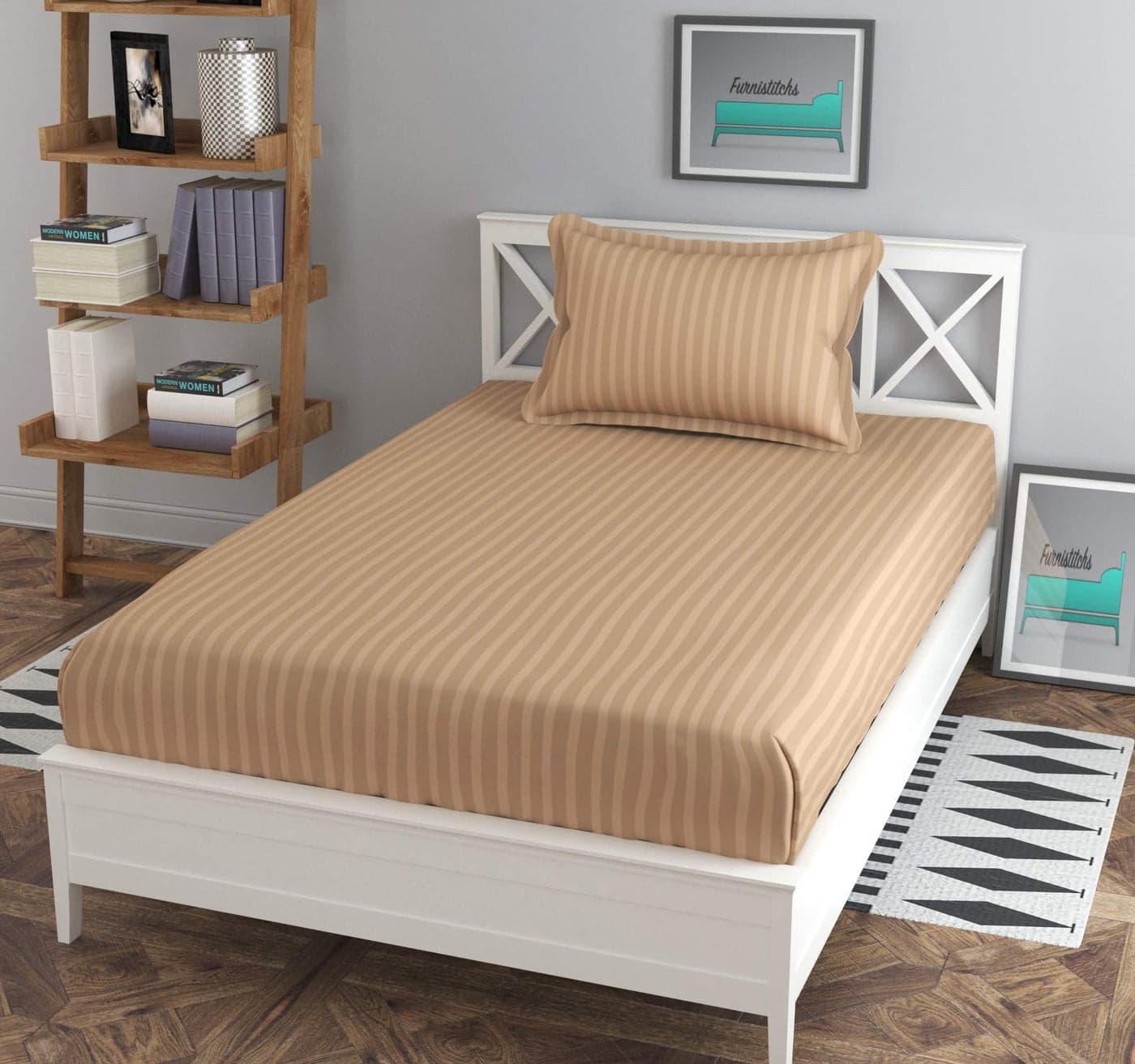 Furnistitchs Plain Stripes Single Elastic Fitted Bedsheets with 1 Pillow Cover, (Beige)