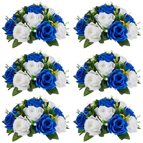 NUPTIO Flower Balls for Wedding Centerpieces - 6 Pcs 9.5 inch Diameter Fake Flower Ball Arrangement Bouquet Party Centerpieces for Tables - Royal Blue Rose Bouquet Centerpiece Flowers for Table