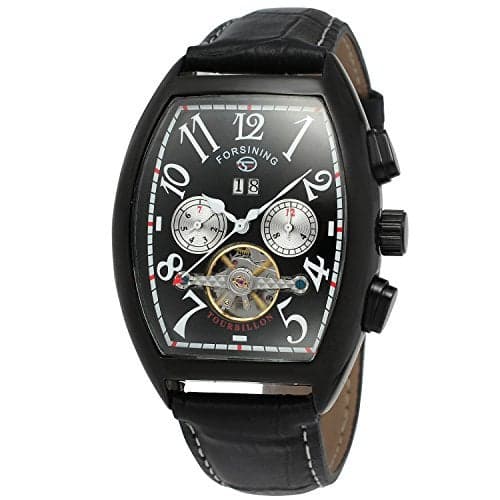 FORSINING Men's Automatic Self-Winding Rectangle Watch Calendar Genuine Leather Strap Tourbillon Watch