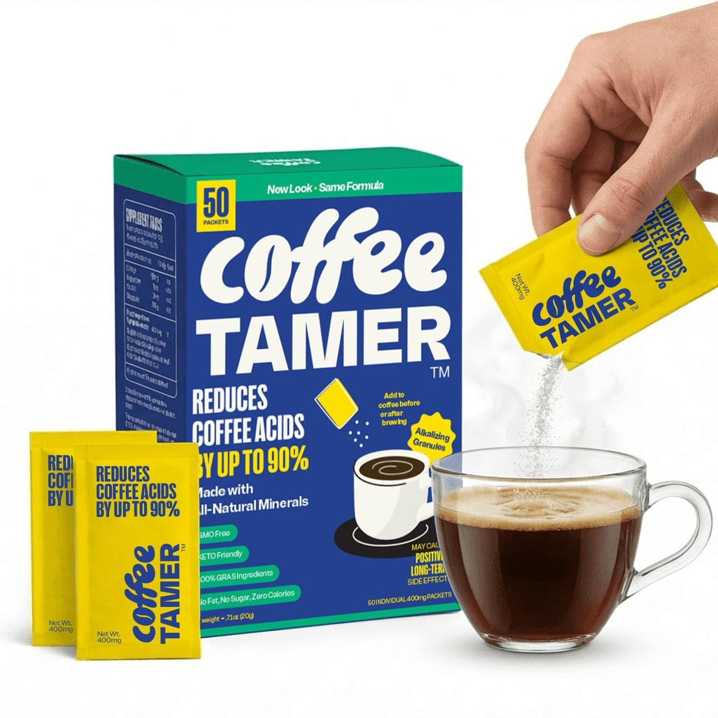 Coffee Tamer Acid Reducer Powder 50 Pack Box All Natural Coffee Acid Reducer Alkalizing Granules Reduce Acidity By 90 Keto Friendly SugarFree NonGMO Preserves Original Flavor