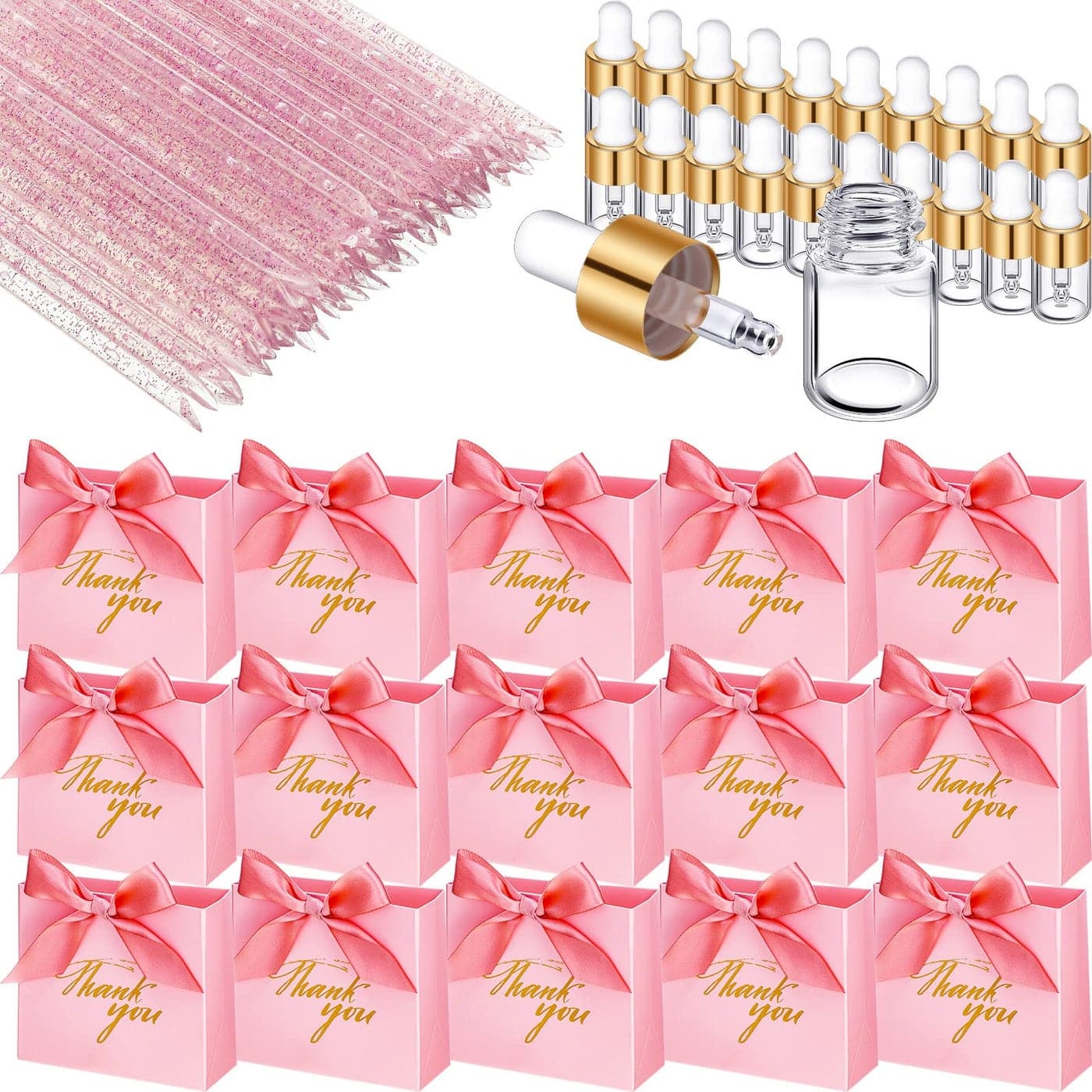 Junkin 40 Pack Mini Pink Thank You Gift Bags 20 Pcs Glass Oil Dropper Vail 2 ml 20 Pcs Disposable Nail Stick Cuticle Pusher Pink Goodie Bags for Wedding Baby Shower Party Favors