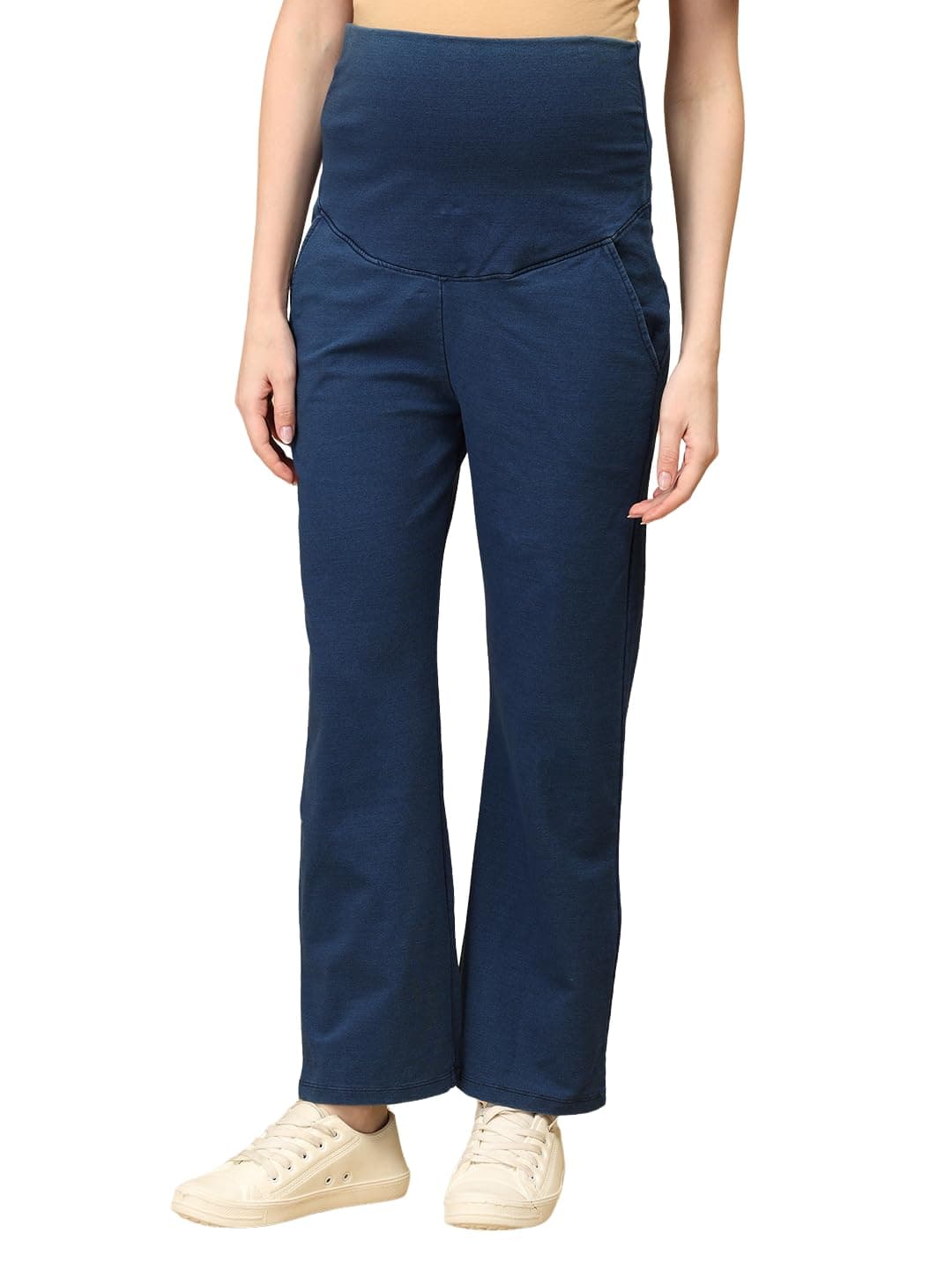 The Mom Store Maternity Knit Denims with Belly Support Pant | Stretchable Pregnancy and Post Partum Pant | Dark Wash | Dark Blue | XL