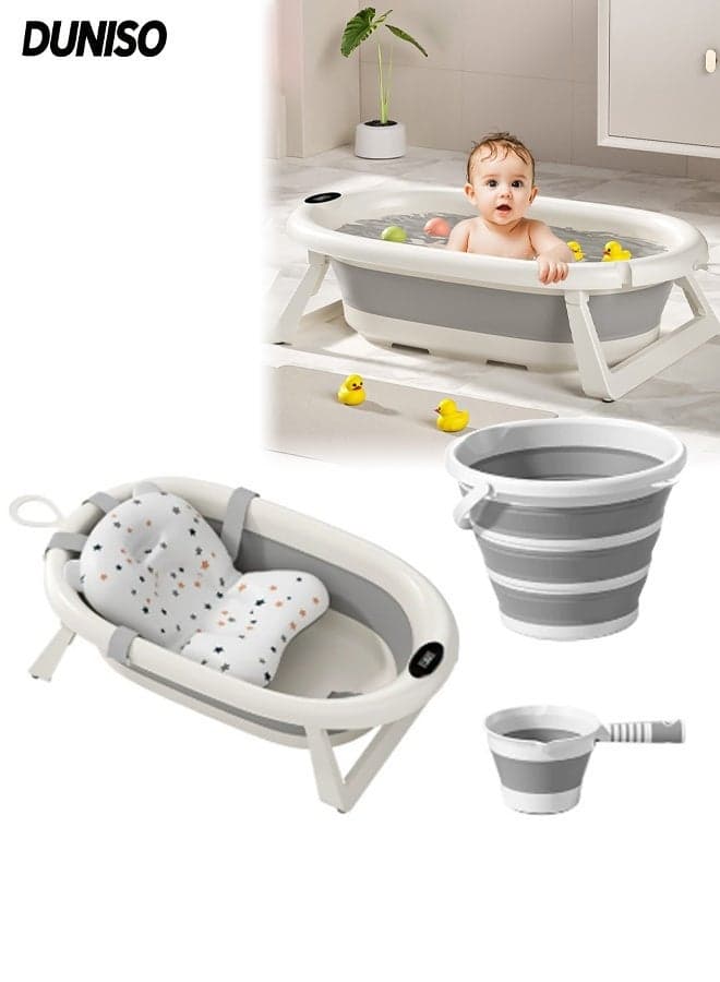 4 Pcs Baby Bath Tub Set for Kids, Compact Foldable Travel Baby Bath with Cushion Seat, Tub, Scoop & Bucket Kids Bath Tub with Anti-Skid Base, Wall Mountable Infant Bathtub, Space-Saving Bath for Travel, Shower & Small Bathrooms