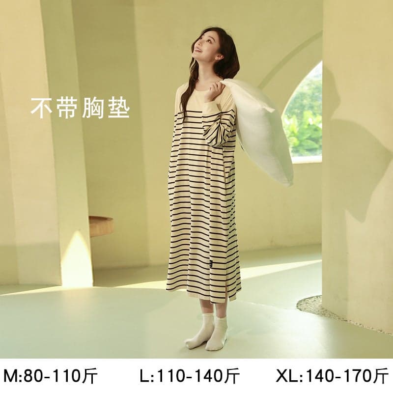 Nightgown For Women In , Pure Cotton, Long Sleeves With Chest Pads, High-End Striped, Large Size, Loose Long Dress, Can Be Worn Outside, Sleepwear