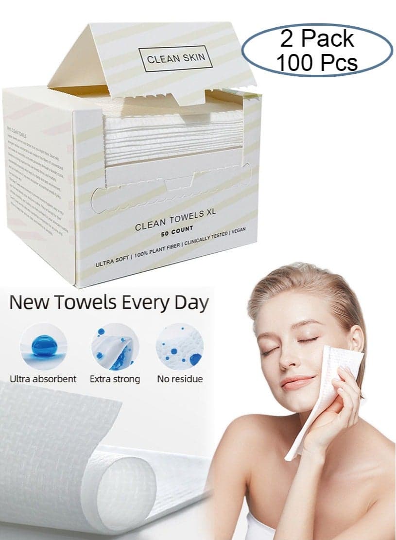 Face Towels, 25cm*30cm Ultra Thick Gentle Exfoliation Disposable Face Towelette, Biodegradable Makeup Remover Dry Wipes, Super Soft Clean Facial Towels Wash Cloth for Sensitive Skin,100 Count,2 Pack