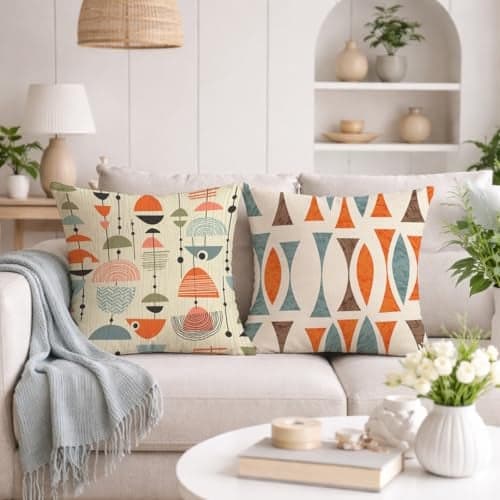 STITCHNEST Set of 2 Polycotton Cushion Covers – 24x24 Inches – Retro Geometric & Abstract Pattern in Orange, Blue & Beige – Mid-Century Modern Cushion Covers for Sofa & Home Decor