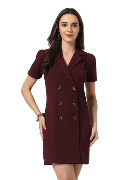Style Quotient Women Solid Maroon Texture Polyester Regular Fit Semi Formal Blazer Dress