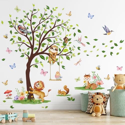 DRWSSR 2 Sheets Removable Jungle Animal Green Tree Wall Decals DIY Lion Koala Sika Deer Squirrel Wall Decals Vinyl Butterflies Birds Plants Art for Kids Bedroom Living Room Nursery Rooms Decor