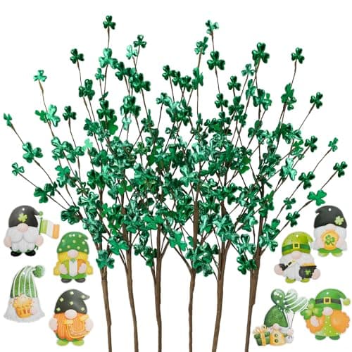 Prashent 6 Pcs 24'' St Patrick’s Day Decorations Tall Artificial Shamrock Berry Stems Picks Green Clover Floral Branches Centerpiece for Home Party Table Decor
