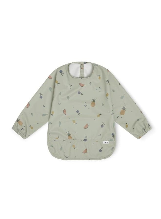 Lalo Smock Bib - Long Sleeve Baby Bib, Elastic Cuffs for Comfort, Large Catch-All Pocket, Waterproof Recycled Polyester - Durable Baby Smock Bib for Mealtime - Ages 6-24 Mo. - Fruit Print Sage