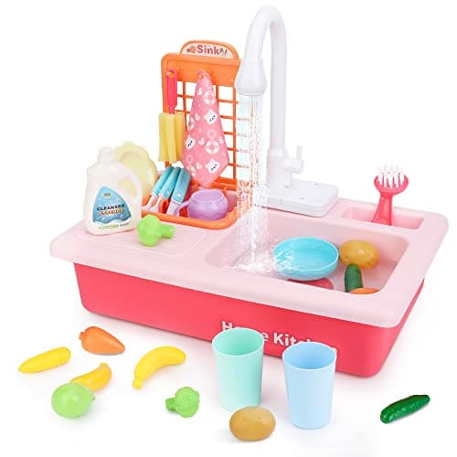 BOBXIN Play Sink with Running Water Kids Pretend Play Kitchen Toy Sink for Toddler Role Play Electric Dishwasher Kitchen Water Toys Set with Upgraded Working Faucet and Dishes Playset for Girl Boy