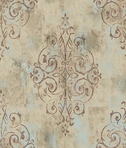 HAOKHOME Vintage French Damask Peel and Stick Wallpaper Deep YellowMist BlueBrown Vinyl Self Adhesive Wall Paper Design for Walls Bathroom Bedroom Home Decor 177in x 328ft