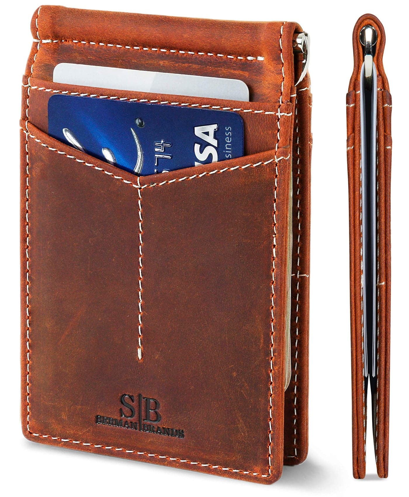 SERMAN BRANDS RFID Blocking Wallet Slim Bifold - Genuine Leather Minimalist Front Pocket Wallets for Men with Money Clip Gift (Canyon Red)