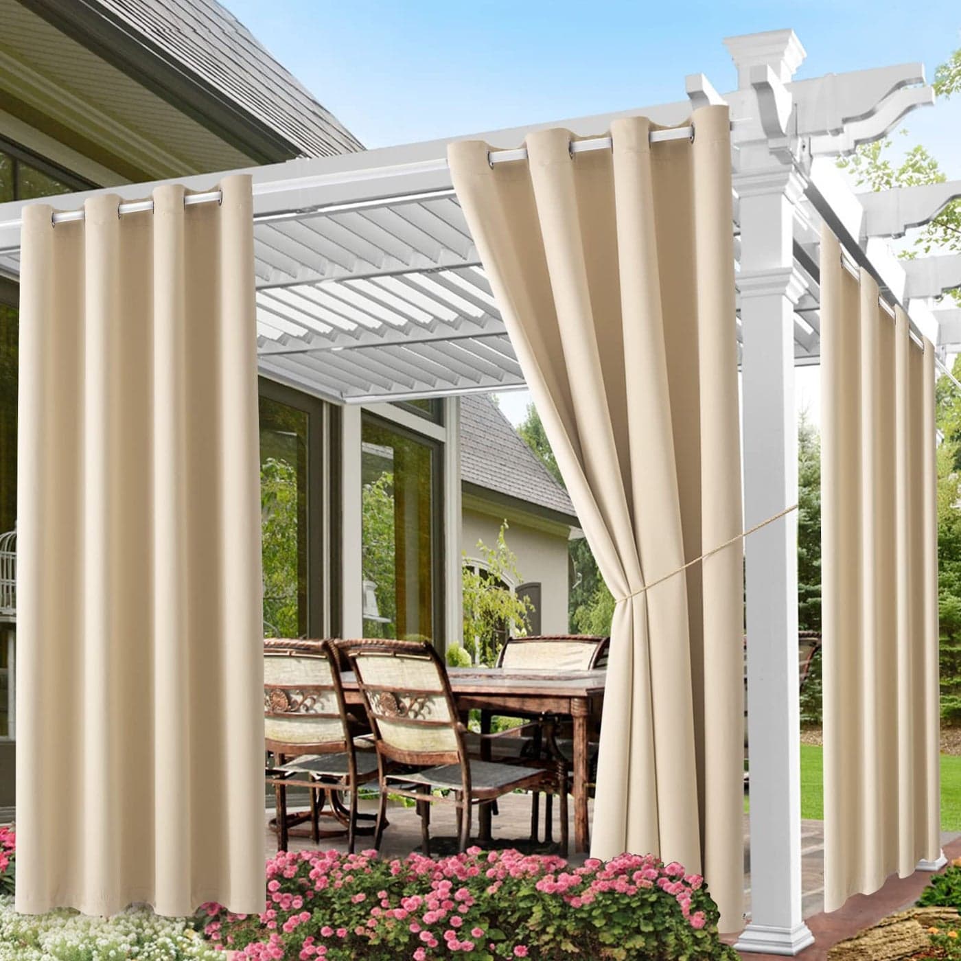 DIVA EN CAMINO DEC Outdoor Patio Curtain Waterproof Darkening Thermal Insulated Indoor Curtains for Bedroom Porch Living Room Pergola Cabana W52 x L72 Beige Set of 2 Panels