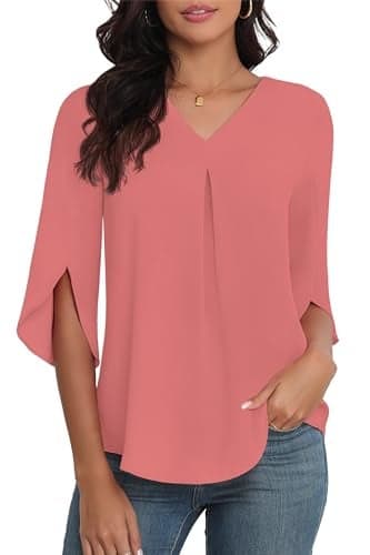 LAOLASI Womens Tops Casual Chiffon Blouses Summer Fashion Tee 2025 Soft Comfy Loose Fit Blouse Top for Leggings,Pink Red,L