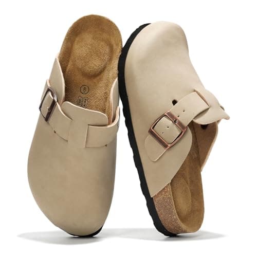Project Cloud Genuine Leather Footbed Clogs for Women - Memory Foam Arch Support Slippers for Women - Trendy Slip-ons Women's Mules & Clogs Sandals (Benton, Beige, 5.5)