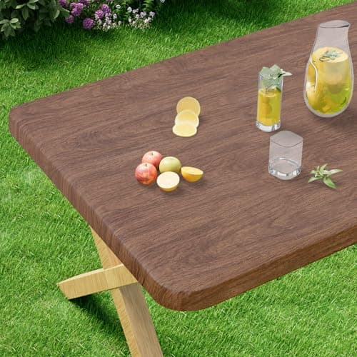 misaya Rectangle Vinyl Tablecloth, Fitted Table Cover, Waterproof, Elastic Edge, Plastic Table Cloth Fit 6 Foot Folding Tables for Picnic, Indoor and Outdoor (Oak Wooden Grain, 30 x 72 inch)