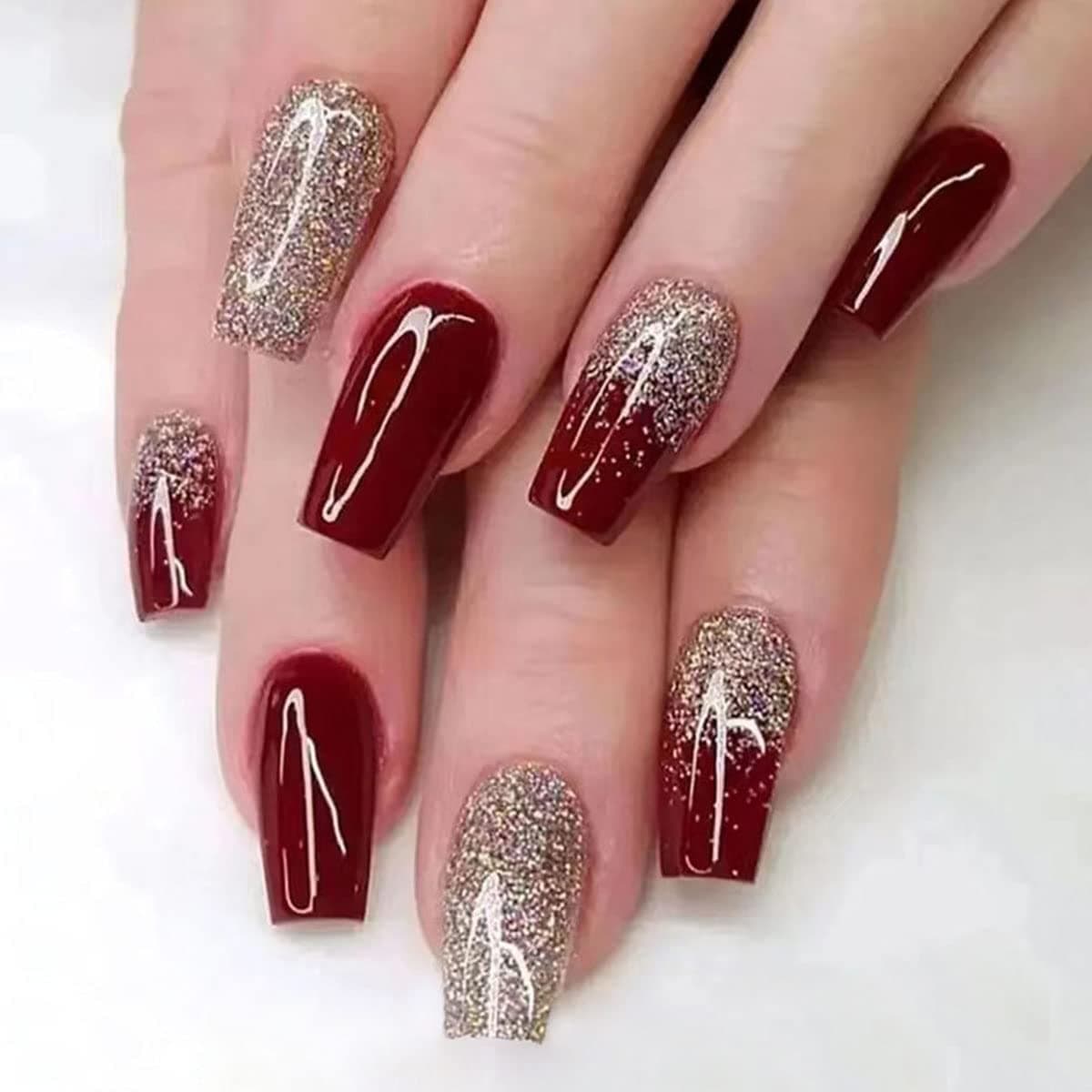 24Pcs Dark Wine Red Press on Nails Long Fake Nails Elegant Wine Red Gradient Design Gold Glitter Shiny Glossy False Nails Red Solid Color Natural Acrylic Nails for Women Girls DIY Nail Decorations