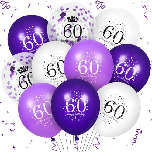 Purple 60th Birthday Balloons Decorations 16Pcs Purple White Happy 60th Birthday Confetti Latex Balloons for Men Women Birthday Party Indoor Outdoor Party Supplies 12 Inch