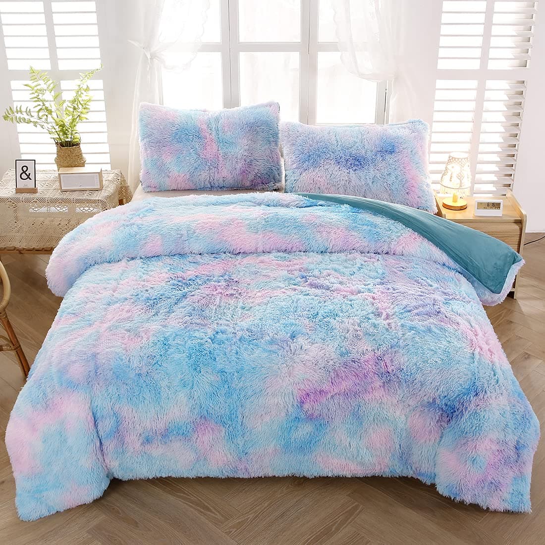 SUCSES Blue Queen Duvet Covers Rainbow Tie Dye Fluffy Girls Bedding Set Queen Size Plush Shaggy Furry Comforter Cover Set for Bedroom Decor 1 Duvet Cover 2 Pillowcases