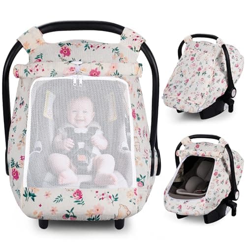 Rquite Car Seat Cover Baby Carseat Covers Girl Boy Breathable Muslin Cotton Large Mesh Window Infant Car Seat Canopy Baby Carrier Cover Stroller Sun Shade for Summer Hot Day