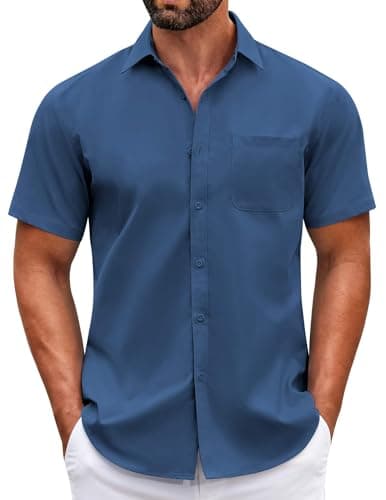 COOFANDY Men's Short Sleeve Button Down Summer Casual Wrinkle Free Dress Shirt No Iron Western Wedding Shirts Blue