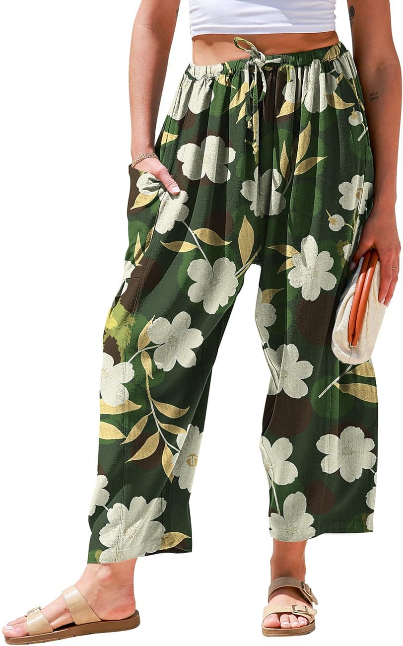 TARSE Womens Linen Wide Leg Pants Casual Loose Drawstring Low Waist Beach Palazzo Harem Pants with Pockets GreenFloral M