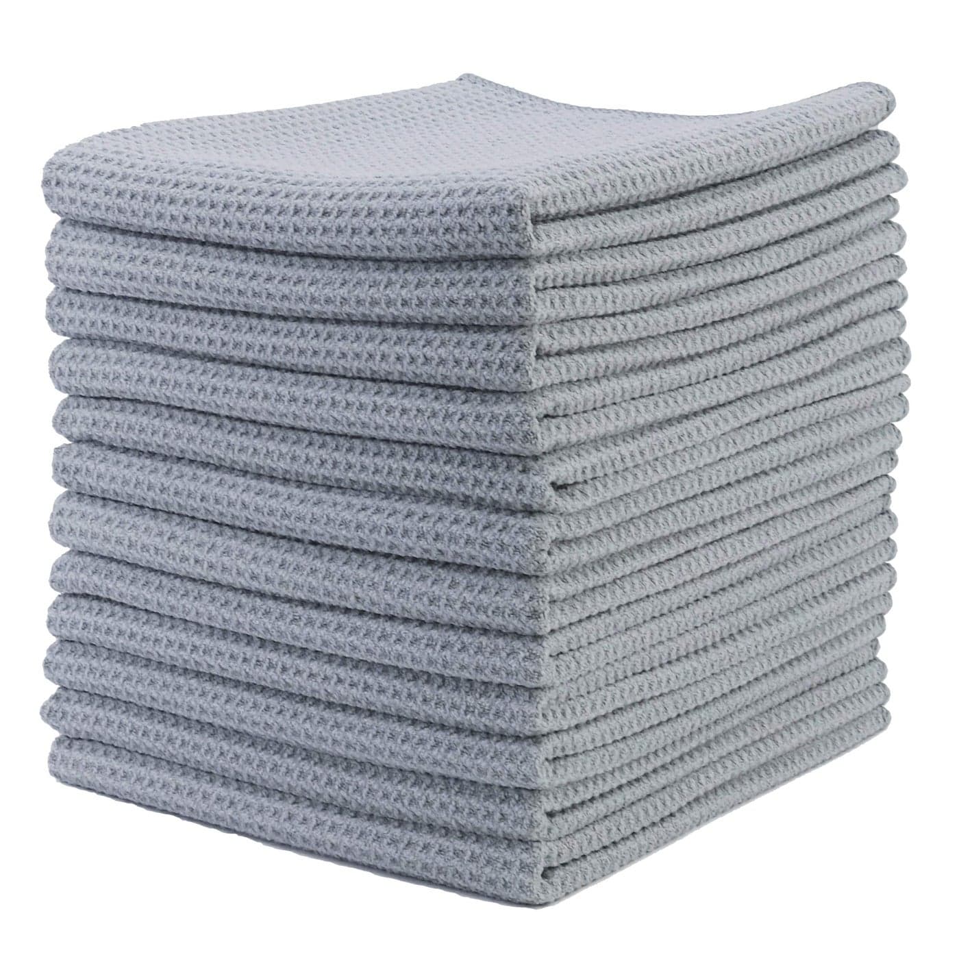 POLYTE Premium Microfiber Kitchen Dish Hand Towel Waffle Weave 12 Pack 16x28 in Gray
