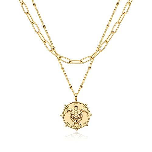 MEVECCO Gold Layered Choker Necklace for Women, 18K Gold Plated Cute Dainty Round Coin Turtle Pendant Satellite Chain Minimalist Choker Necklace for Jewelry