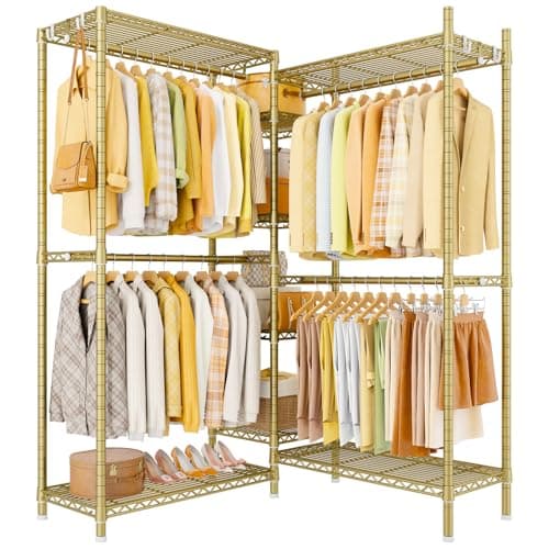 Ulif E4L Corner Clothes Rack, L Shaped Garment Rack, Heavy-Duty Freestanding Closet System with Shelves and Hangers, Max Load 962lbs, 42.7" W x 42.7" D x 79.3" H, Gold