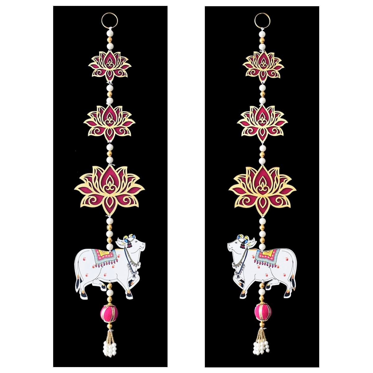 Saugat Traders Pichwai Cow with Lotus Wall Hanging for Home Decor - Pooja Room - Main Door - Floral Wall Hanging for Main Door Entrance - Traditional Wall Hanging Set (Pair of 2)